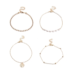 Light Gold 4Pcs 4 Style Alloy Chain Anklets Set with Resin Pearl Beaded and Flat Round Charm, Clear Cubic Zirconia Tennis Anklets for Women, Light Gold, 8.46~9.25 inch(21.5~23.5cm)