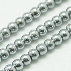 Plaqué Gris Non-magnétiques perles d'hématite synthétique brins, ronde, platinée, 4mm, Trou: 1mm, Environ 100 pcs/chapelet, 15.7 pouce