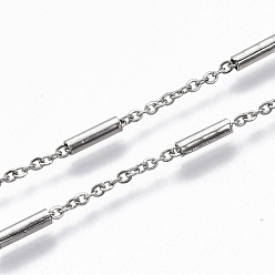 Couleur Acier Inoxydable 304 chaînes de câbles en acier inoxydable, avec perles de colonne en acier, soudé, Ovale Plat, couleur inox, 2x1.6x0.3mm, environ 39.37 pouces (1 m)/brin