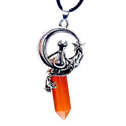 Carnelian Natural Carnelian Pointed Faceted Bullet Pendants, Moon with Cat Charms, with Platinum Plated Alloy Findings, 50x22.5x17mm