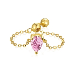 Perlas de Color Rosa 925 anillos de cadena rolo de plata esterlina, anillo de piedra de nacimiento, real 18 k chapado en oro, con lágrima de circonita cúbica para mujer, anillo deslizante ajustable, rosa perla, 1.2 mm, tamaño de EE. UU. 7 (17.3 mm)