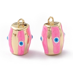 Pearl Pink Brass Enamel Pendants, Real 18K Gold Plated, Barrel with Evil Eye Charm, Pearl Pink, 25x16.5x16mm, Hole: 2.2mm