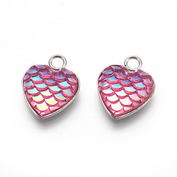 Hot Pink 304 Stainless Steel Pendants, with Resin, Heart with Fish Scale Shape, Stainless Steel Color, Hot Pink, 16x13x3.5mm, Hole: 2mm