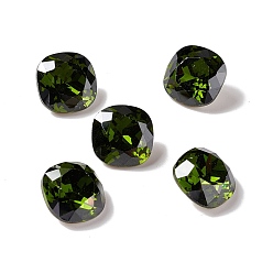 Dark Olive Green Cubic Zirconia Cabochons, Pointed Back & Back Plated, Square, Dark Olive Green, 10x10x6mm