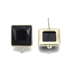 Black Alloy Stud Earring Findings with Resin, with Horizontal Loops and 304 Stainless Steel Pins, Square, Light Gold, Cadmium Free & Nickel Free & Lead Free, Black, 19x16.5mm, Hole: 1.4mm, Pin: 0.7mm