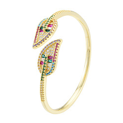 Разноцветный Кубический цирконий лист открытый браслет-манжета, настоящие позолоченные украшения из латуни для женщин, красочный, внутренний диаметр: 18 дюйм (2-3/8 см)
