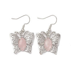 Quartz Rose Boucles d'oreilles pendantes papillon en quartz rose naturel pour femme, bijoux en laiton platine pour femme, sans cadmium et sans plomb, 38mm, pin: 0.6 mm