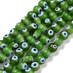 Vert Main au chalumeau mauvais œil rondes rangées de perles, verte, 10mm, Trou: 1mm, Environ 39 pcs/chapelet, 14.96 pouce