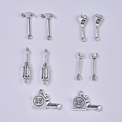 Antique Silver Tools Theme, Tibetan Style Alloy Pendants, for DIY Jewelry Making, Screwdriver, Tape, Wrench, Hammer, Antique Silver
