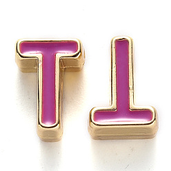 Letter T Rack Plating Alloy Enamel Beads, Cadmium Free & Nickel Free & Lead Free, Light Gold, Medium Violet Red, Letter.T, T: 10x7x5mm, Hole: 1.6mm