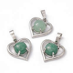 Green Aventurine Natural Green Aventurine Pendants, Heart Charms, with Platinum Tone Brass Findings, Cadmium Free & Nickel Free & Lead Free, 21.5x19.5x7.5~8mm, Hole: 7.5x5mm