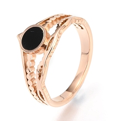 Oro Rosa 304 anillos de dedo del acero inoxidable, con resina, plano y redondo, negro, oro rosa, tamaño de EE. UU. 7, diámetro interior: 17 mm