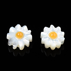 Orange Natural White Shell Enamel Beads, Flower, Orange, 6.5x6.5x3.5mm, Hole: 0.8mm