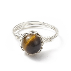 Tiger Eye Natural Tiger Eye Braided Bead Finger Ring, Copper Wire Wrap Jewelry for Women, Silver, Inner Diameter: US Size 7 1/4(17.5mm)
