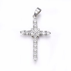 Stainless Steel Color 304 Stainless Steel Pendants, with Cubic Zirconia, Cross, Clear, Stainless Steel Color, 39x25x3mm, Hole: 5x7mm