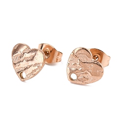 Rose Gold Ion Plating(IP) 304 Stainless Steel Stud Earring Findings, with Ear Nuts, Textured Heart, Rose Gold, 12x9mm, Hole: 1.4mm, Pin: 0.7mm