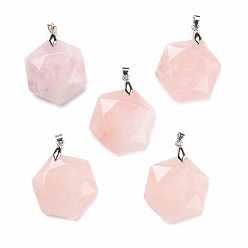 Quartz Rose Naturel a augmenté pendentifs en quartz, avec les accessoires en laiton de tonalité de platine, facette, hexagone, 37x24x10mm, Trou: 4x4mm