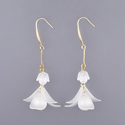 White Frosted Transparent Acrylic Dangle Earrings, with 316 Surgical Stainless Steel Earring Hooks and Imitation Pearl Acrylic Beads, Flower, White, 65mm, Pin: 0.8mm