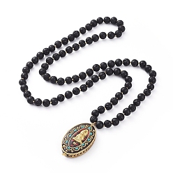 Lava Rock Buddhist Jewelry, Guan Yin Pendant Necklaces, with Handmade Oval Indonesia Goddess of Mercy Pendants, Glass Seed Beads, Natural Lava Rock Beads, Braided Nylon Thread and Copper Wire, 30.86 inch(78.4cm), Pendant: 55x30x9.6mm