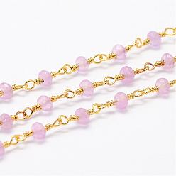 Pink Chaînes en perles de jade blanc naturel, chaînes à la main, avec bobine, non soudée, teint, facettes rondelle, avec les accessoires en laiton, or, rose, 4x3mm, environ 16.4 pieds (5 m)/rouleau