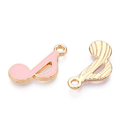 Pink Alloy Pendants, with Enamel, Musical Note, Light Gold, Pink, 20x12x2mm, Hole: 1.8mm