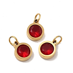 Dark Red Vacuum Plating 304 Stainless Steel Pendants, with Cubic Zirconia and Jump Rings, Single Stone Charms, Flat Round, Golden, Dark Red, 9.5x7.5x3mm, Hole: 3.6mm
