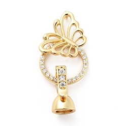 Golden Butterfly with Ring Brass Micro Pave Clear Cubic Zirconia Fold Over Clasps, Cadmium Free & Lead Free, Golden, Butterfly: 15x17.5x3mm, hole: 1mm, Clasp: 13x7x6mm, Inner Diameter: 4mm