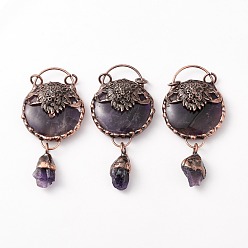 Amethyst Natural Amethyst Big Pendants, with Red Copper Tone Brass Findings, Flat Round with Lion & Teardrop, Cadmium Free & Lead Free, 86~87x42x18~19mm, Hole: 6mm