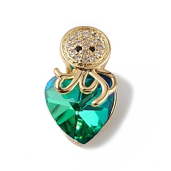 Green Real 18K Gold Plated Rack Plating Brass Micro Pave Cubic Zirconia Pendants, with Glass, Long-Lasting Plated, Cadmium Free & Lead Free, Octopus & Heart, Green, 20x11.5x10mm, Hole: 4x4mm