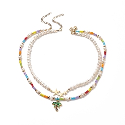 Couleur Mélangete 2 pcs 2 styles ensemble de colliers pendentif arbre et étoile en alliage émaillé, colliers empilables de perles naturelles et de graines de verre pour femmes, couleur mixte, 13.86~15.94 pouce (35.2~40.5 cm), 1 pc / style