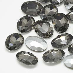Black Diamond Pointed Back Glass Rhinestone Cabochons, Back Plated, Faceted, Oval, Black Diamond, 14x10x4.5mm