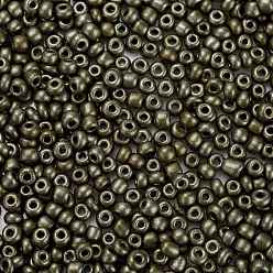 Vert Olive Foncé 6/0 perles de rocaille de verre, style de couleurs métalliques, ronde, vert olive foncé, 6/0, 4mm, Trou: 1.5mm, environ 4500 pcs / livre
