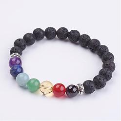 Lava Rock Natural Gemstone Beads Stretch Bracelets, with Donut Tibetan Style Alloy Spacer Beads, 1-7/8 inch~2 inch(49~51mm)