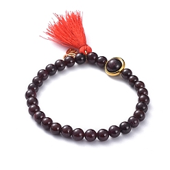 Garnet Stretch Bracelets, with Natural Garnet Beads, Golden Plated Brass Charms, Polyester Tassel Pendant, 2-1/4 inch(5.6cm)