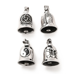 Mixed Patterns Tibetan Style 304 Stainless Steel Pendants, Guardian Bell Charm, Antique Silver, Praying Hands/Skull/Trinity Knot/Yin Yang Pattern, Mixed Patterns, 35x26mm, Hole: 9x6mm