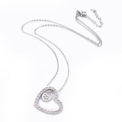 Stainless Steel Color 304 Stainless Steel Pendant Necklaces, with Cubic Zirconia, Heart, Stainless Steel Color, 17.1 inch(43.5cm), Pendant: 24.5x25x2mm