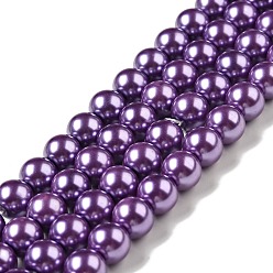 Mauve Brins de perles rondes en verre teinté écologique, Grade a, cordon en coton fileté, mauve, 8mm, Trou: 0.7~1.1mm, Environ 52 pcs/chapelet, 15 pouce