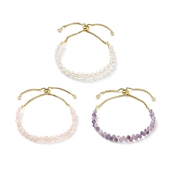 Pierre Mélangete Bracelet coulissant perlé à double couche de pierres précieuses naturelles, or 304 bijoux en acier inoxydable pour femmes, diamètre intérieur: 1-1/2~2 pouce (3.85~4.95 cm)