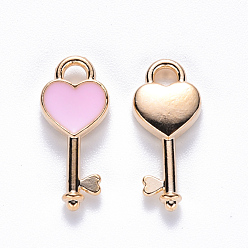 Pink Alloy Enamel Pendants, Heart Key, Light Gold, Pink, 16x7x2.5mm, Hole: 1.8mm