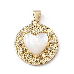 Real 18K Gold Plated Rack Plating Brass Micro Pave Cubic Zirconia Pendants, with Shell, Long-Lasting Plated, Cadmium Free & Lead Free, Hammered Flat Round with Heart Charm, Real 18K Gold Plated, 25x22x4mm, Hole: 5x3mm