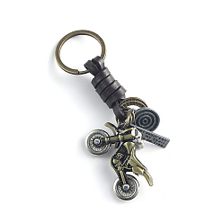 Motorbike Punk Style Woven Cow Leather Alloy Pendant Keychain, for Car Key Pendant, Antique Bronze, Motorbike Pattern, 11cm