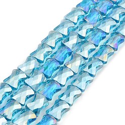 Deep Sky Blue AB Color Plated Transparent Glass Beads Strands, Faceted Bamboo Stick, Deep Sky Blue, 10.5~11x8x5mm, Hole: 1mm, about 59~60pcs/strand, 24.41~24.80''(62~63cm)