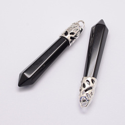 Obsidian Natural Obsidian Big Pointed Pendants, with Alloy Findings, Bullet, Platinum, 57~63x13x10mm, Hole: 3x4mm