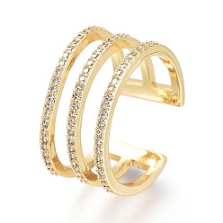 Golden Brass Micro Pave Clear Cubic Zirconia Cuff Rings, Open Rings, Wide Band Rings, Long-Lasting Plated, Golden, US Size 7(17.3mm)