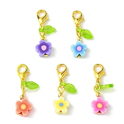 Golden Flower Handmade Polymer Clay Pendant Decorations, Leaf Transparent Acrylic and Alloy Lobster Claw Clasps Charm, Golden, 29mm