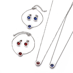 Mixed Color 304 Stainless Steel Jewelry Sets, with Rhinestone, Cable Chains Necklaces, Bracelets and Stud Earrings, with Ear Nuts/Earring Back, Flat Round, Stainless Steel Color, Mixed Color, 17.9 inch(45.5cm), 6-3/4 inch(17cm), 16x9.5x4mm, Pin: 0.7mm