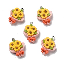 Gold Opaque Resin Pendants, with Platinum Tone Iron Loops, Sunflower, Gold, 27.5x21.5x6.5mm, Hole: 2mm