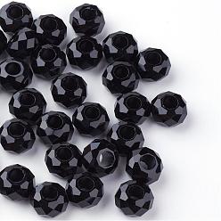 Noir Perles européennes en verre, Perles avec un grand trou   , pas de noyau métallique, rondelle, noir, 14x8mm, Trou: 5mm