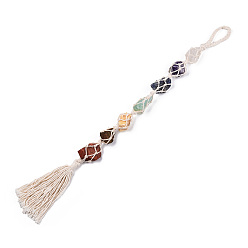 Floral White Natural Irregular Raw 7 Chakra Stones Curtain Tiebacks, Cotton Cord Woven Macrame Tassel Curtain Holdback, for Home Wall Drapes Window Decoration, Floral White, 490mm