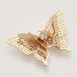 Light Gold Brass Links connectors, with Crystal Rhinestone, 3D Butterfly, Light Gold, 17x25x4mm, Hole: 1.2mm